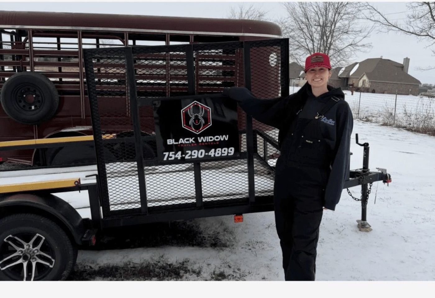 Shana, owner of Black Widow Trailer Rentals, with a Black Widow trailer in Caddo Mills, TX